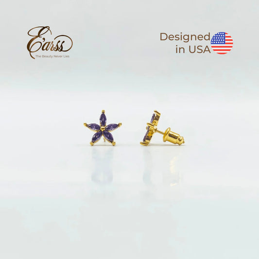 Amethyst Flower CZ Earrings | 18K Gold Plated Stainless Steel