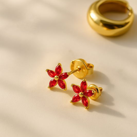 Red Flower CZ Earrings | 18K Gold Plated Stainless Steel