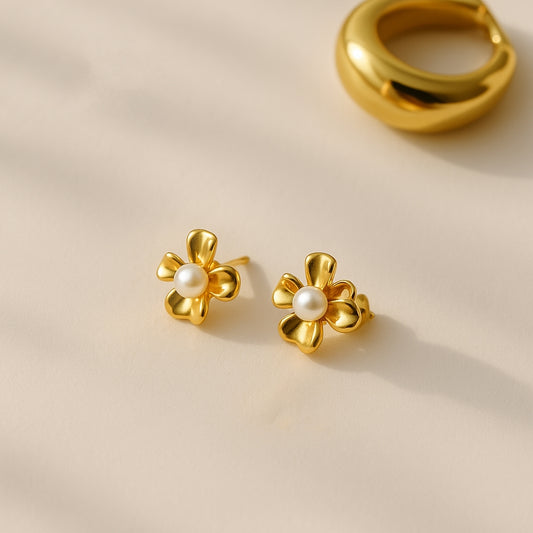 Gold Flower Pearl Studs | 18K Gold Plated Stainless Steel