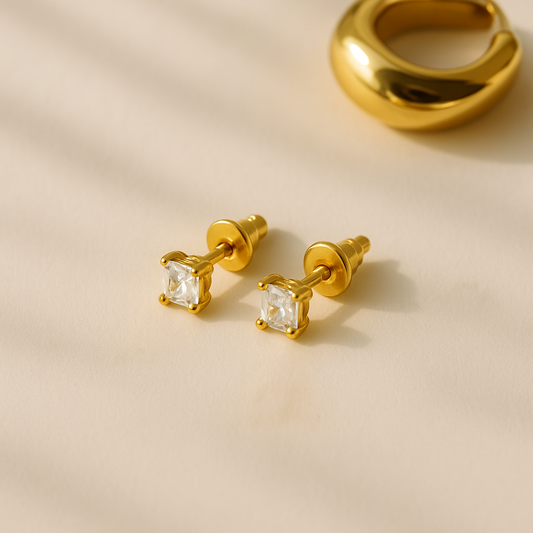 6mm Square CZ Stud Earrings | 18K Gold Plated Stainless Steel