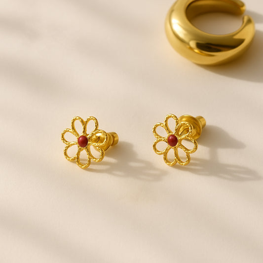 Open Daisy with Red Epoxy Gold Earring | Stainless Steel | 18K Gold Plated