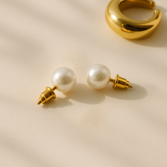 10mm White Pearl Stud Earrings | Gold Plated Stainless Steel